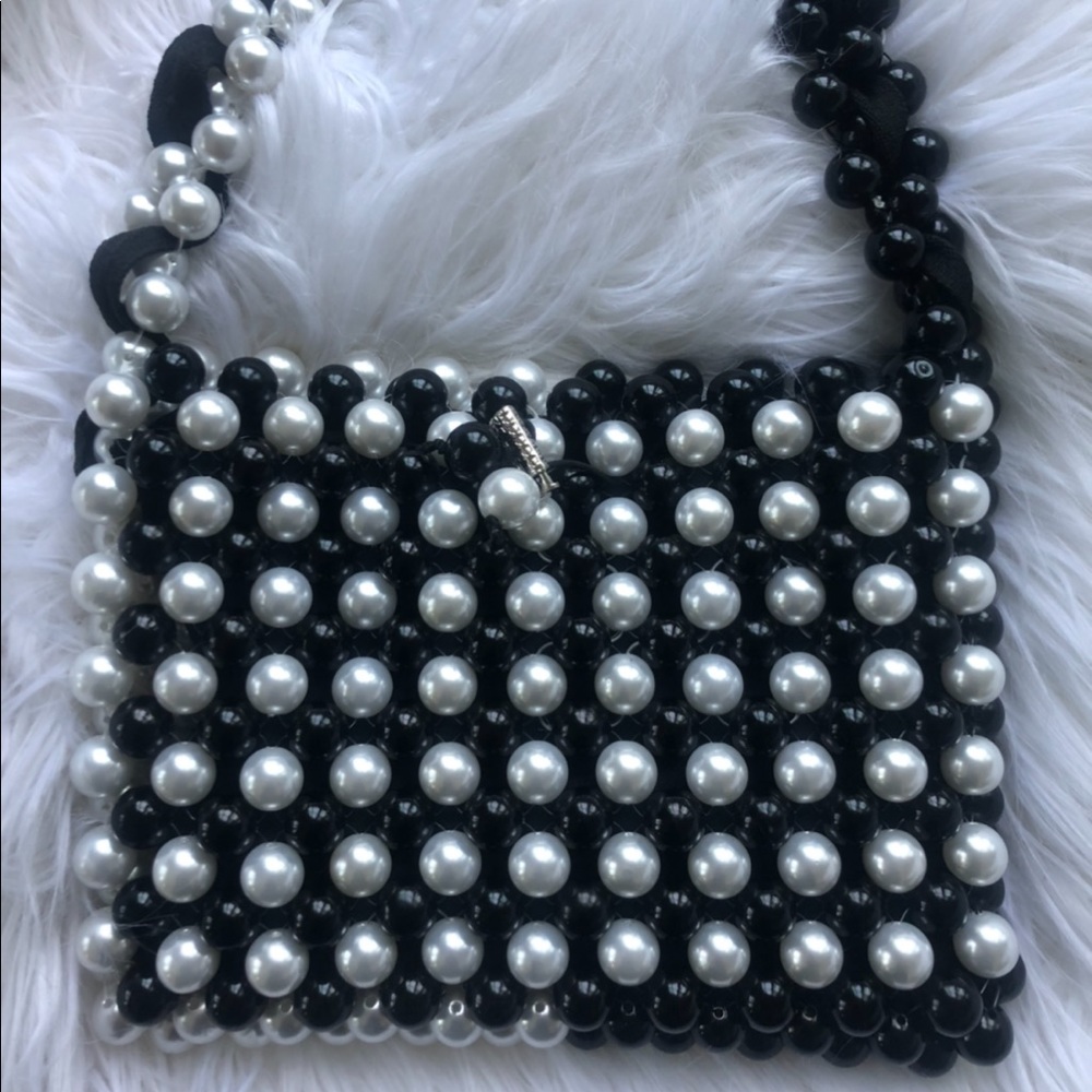 Hand made Beaded hand bag, black and white